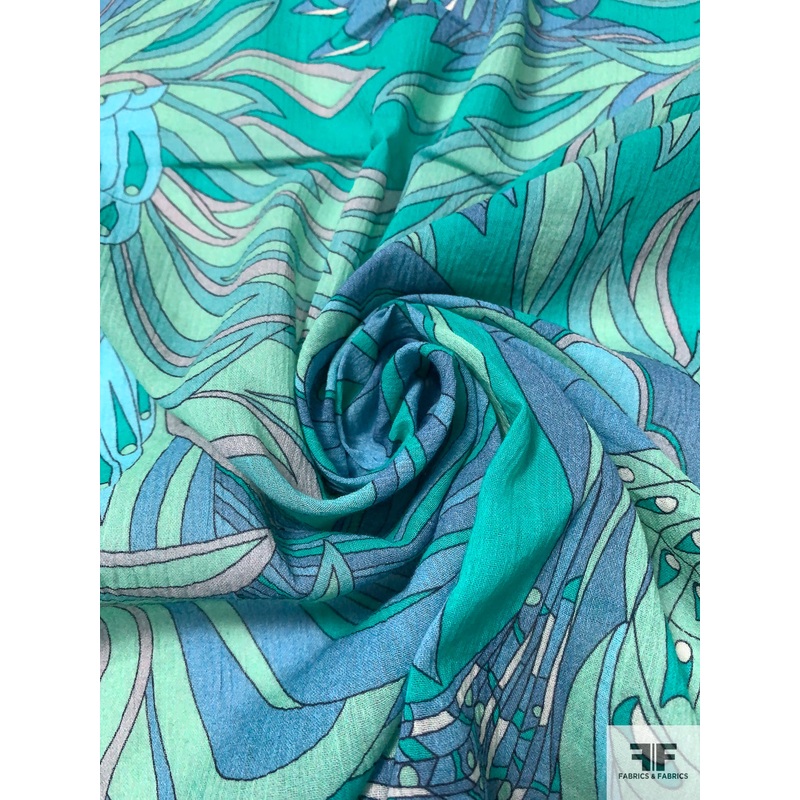 Exotic Leaf Printed Crinkled Cotton Gauze – Greens / Dusty Blues / Pale Lavender Fabric by the Yard