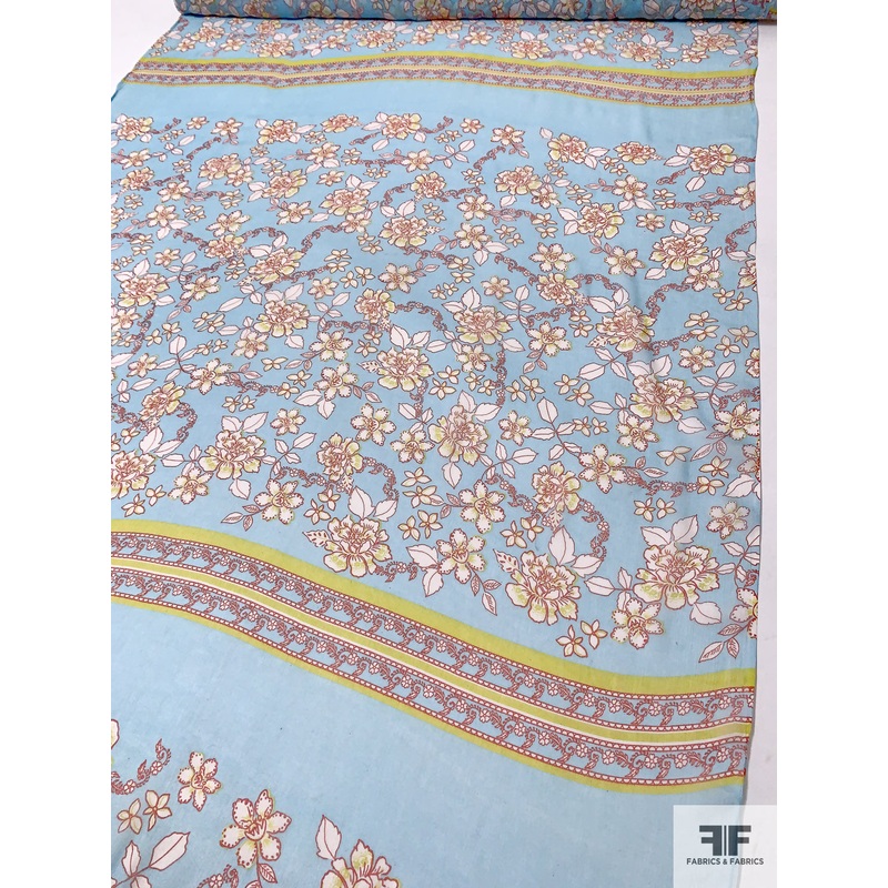 Floral Printed Crinkled Silk Chiffon Panel – Sky Blue / White / Red / Lime Fabric by the Panel