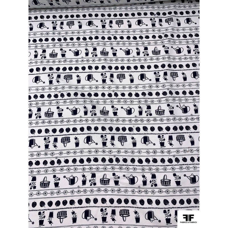 Garden Theme Striped Printed Birds Eye Cotton Pique – Navy / White Fabric by the Yard