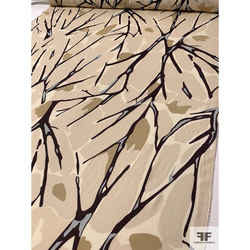 Italian Branch Graphic Printed Viscose-Cotton Lightweight Gabardine – Beige / Tan / Brown Fabric by the Yard