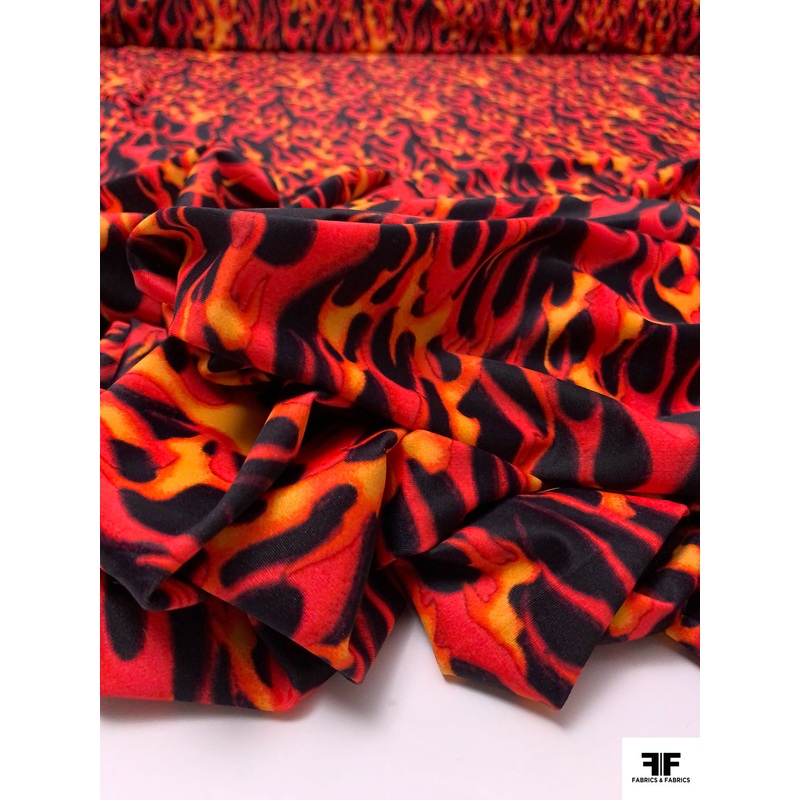 Italian Flame Printed Tricot Knit – Flourescent Red / Orange / Black Fabric by the Yard