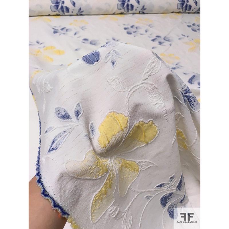 Italian Floral Textured Novelty Woven with Vertical Mechanical Stretch – Light Ivory / Blue / Yellow Fabric by the Yard