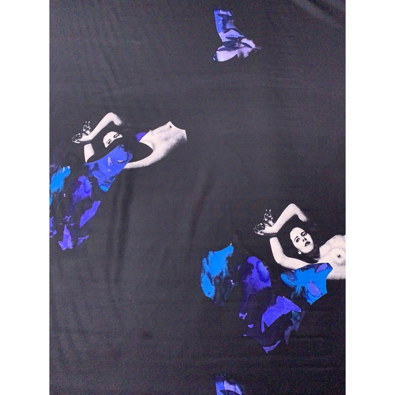 Italian Nude Pose Printed Silk Baby Gabardine Panel – Black / Blues / White Fabric by the Panel