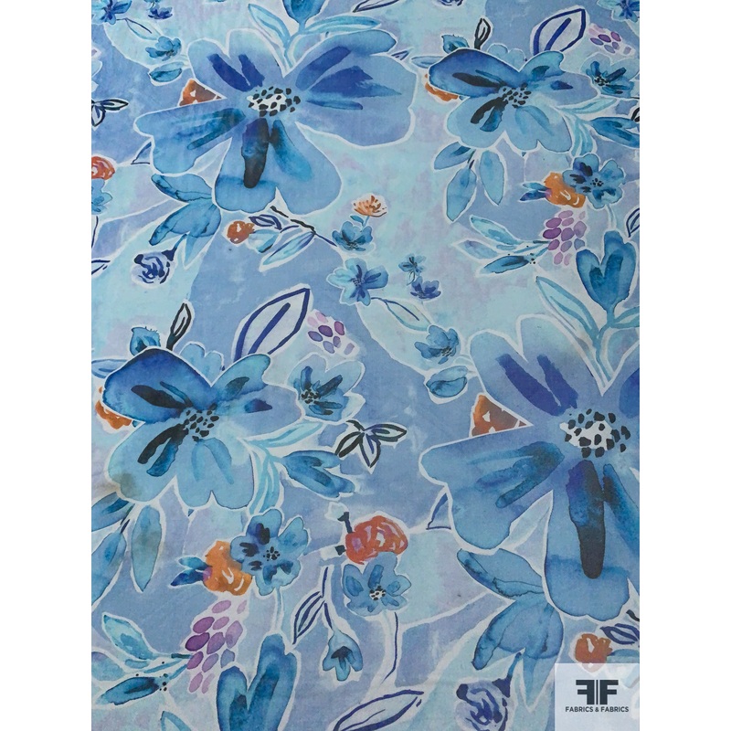 Italian Prabal Gurung Watercolor Floral Printed Stretch Mesh Tulle – Shades of Blue / Burnt Orange / White Fabric by the Yard