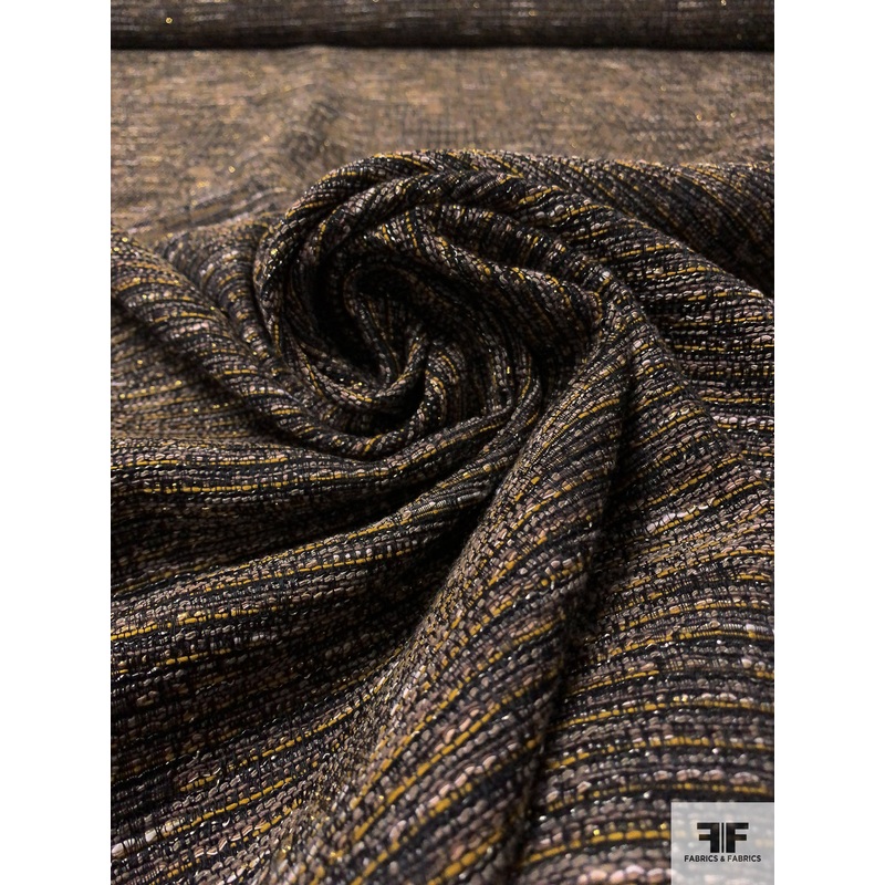 Italian Tweed Suiting with Lurex Fibers and Fused Back – Ochre / Taupe / Black / Off-White Fabric by the Yard