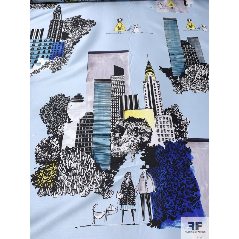 New York City Theme Printed Polyester Zibeline – Sky Blue / Royal Blue / Black / Yellow Fabric by the Yard