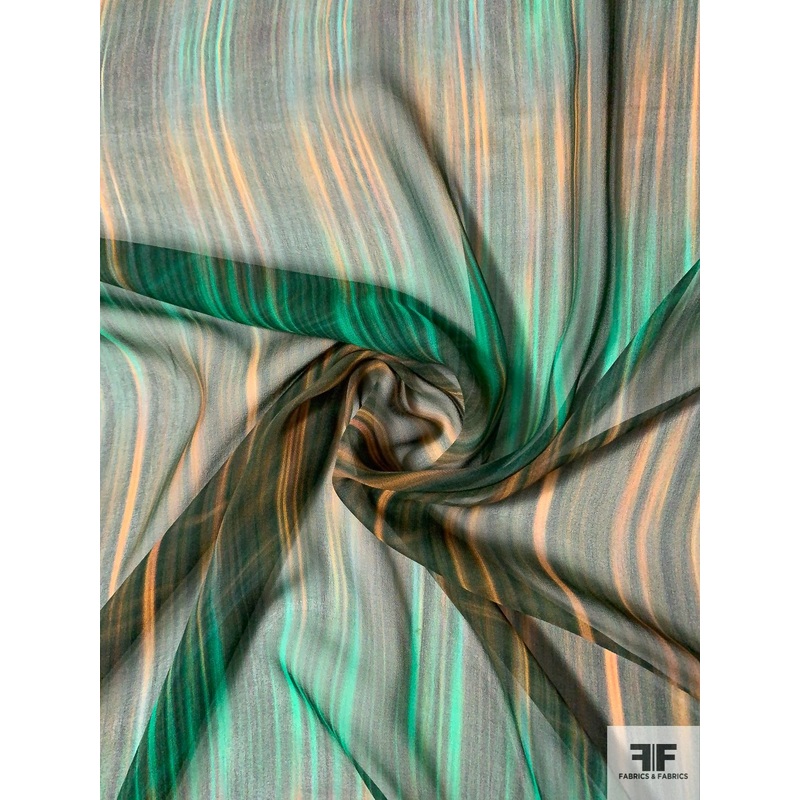 Streaky Tie-Dye Printed Silk Chiffon – Shades of Green / Golden Orange Fabric by the Yard