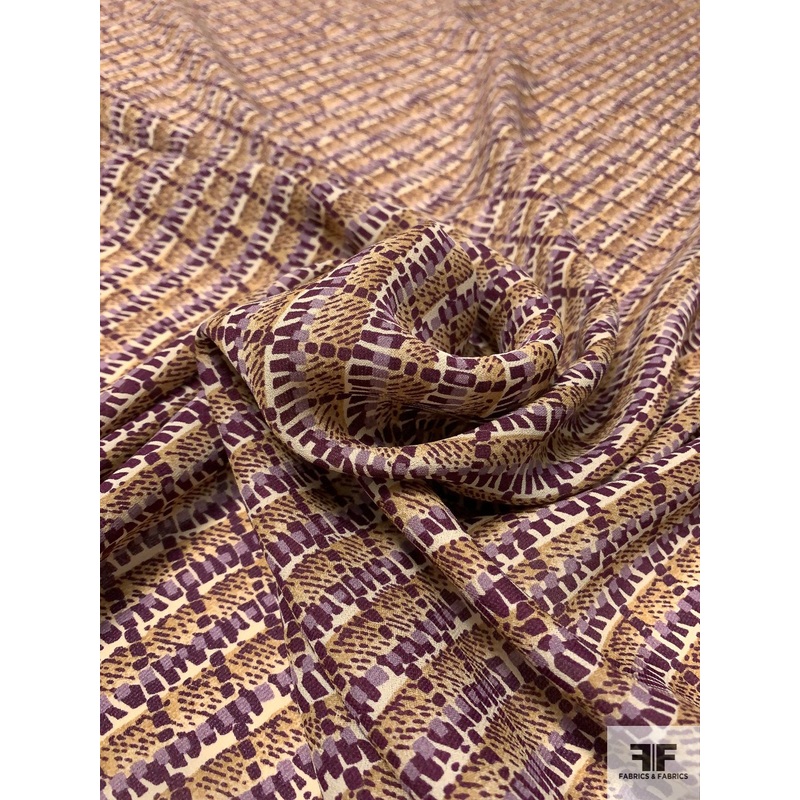 Diagonal Pebble Striped Printed Silk Georgette – Plue / Purple / Tan / Cream Fabric by the Yard