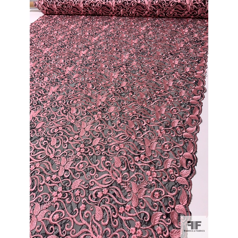 Double-Scalloped Lace with Leaf Vine Embroidery – Rouge Pink / Black Fabric by the Yard