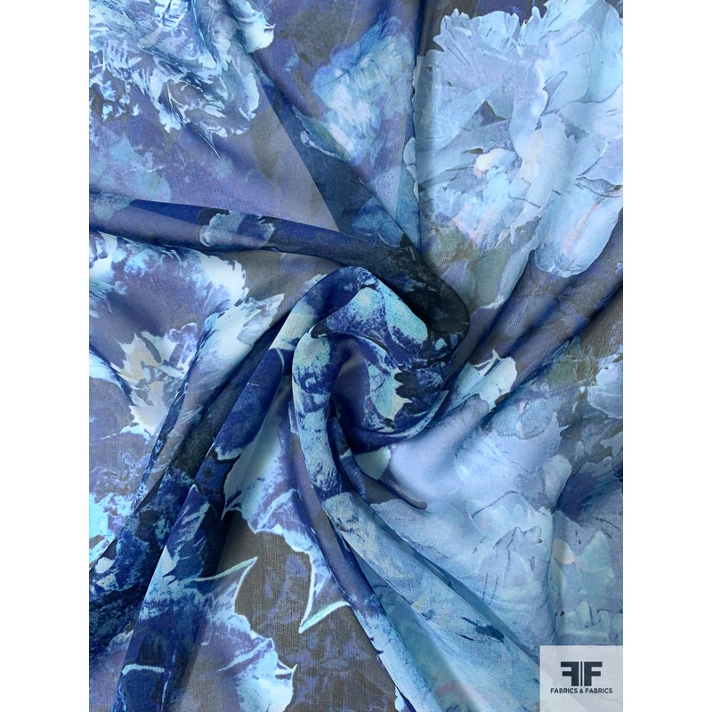 Evening Floral Printed Silk Chiffon – Blues / Navy Fabric by the Yard