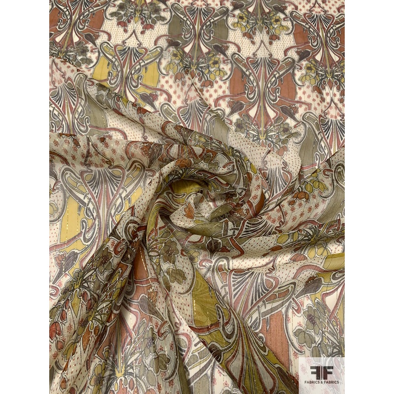 Exotic Printed Silk Chiffon with Gold Lurex Pinstripes – Olive Green / Chartreuse / Burnt Orange Fabric by the Yard