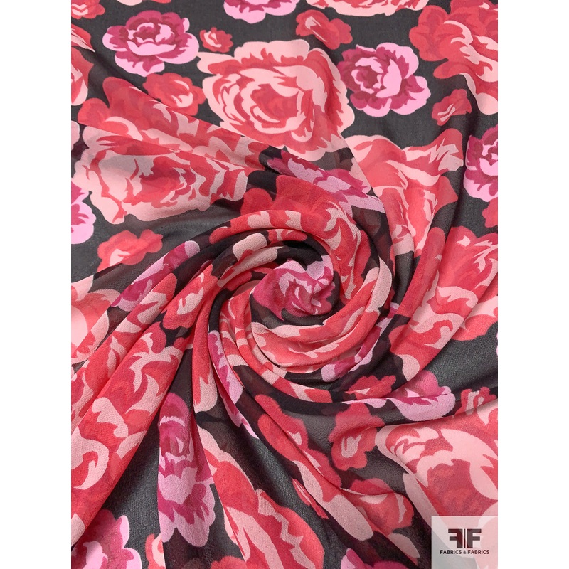 Floral Printed Silk Chiffon – Magenta / Light Pink / Black Fabric by the Yard