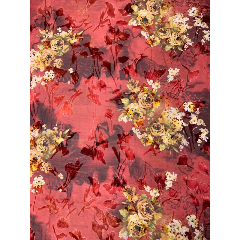 Floral Printed Silk-Rayon Burnout Chiffon with Stones – Red / Burgundy / Yellow / Light Olive Fabric by the Yard