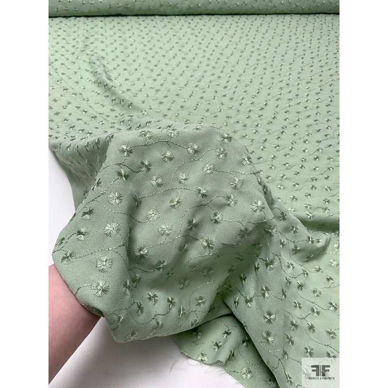 Floral Vines Embroidered Polyester Crepe – Sage Green Fabric by the Yard