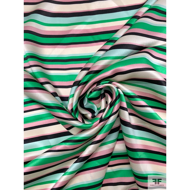 Horizontal Multi-Striped Printed Silk Charmeuse – Irish Green / Mauvey Pink / Black / Cream Fabric by the Yard