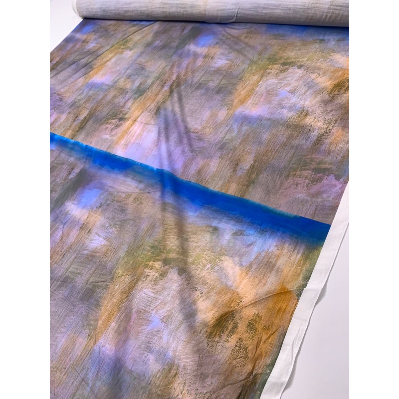 Italian Abstract Painterly Printed Silk-Cotton Lawn Voile with Light Shantung Weave Panel – Smokey Lavender / Blue / Tan Fabric by the Panel