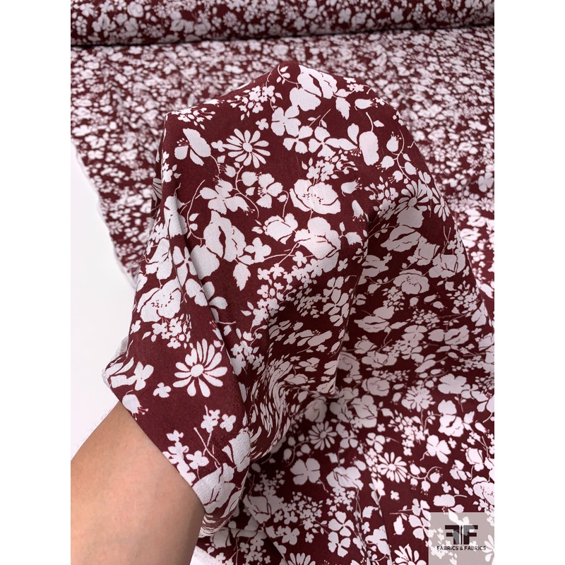 Italian Floral Silhouette Printed Rayon Crepon – Maroon / White Fabric by the Yard