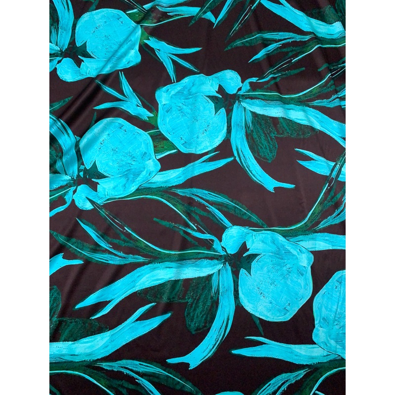 Italian Inflated Floral Printed Stretch Silk Charmeuse – Aqua / Evergreen / Eggplant Brown Fabric by the Yard