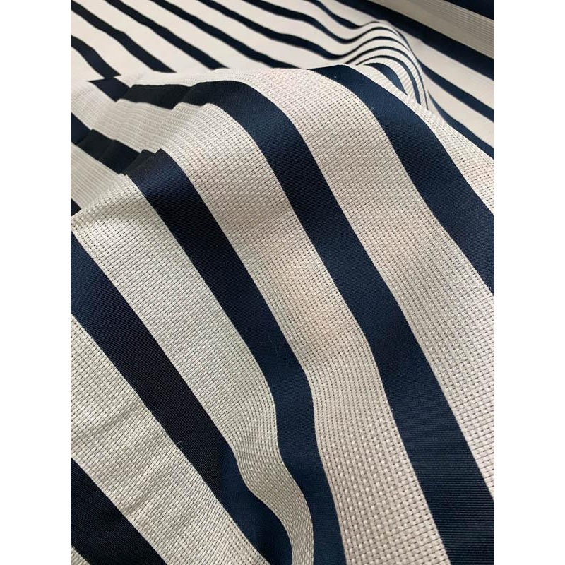 Italian Novelty Striped Basketweave Heavy Silk Gazar – Navy / Off-White Fabric by the Yard