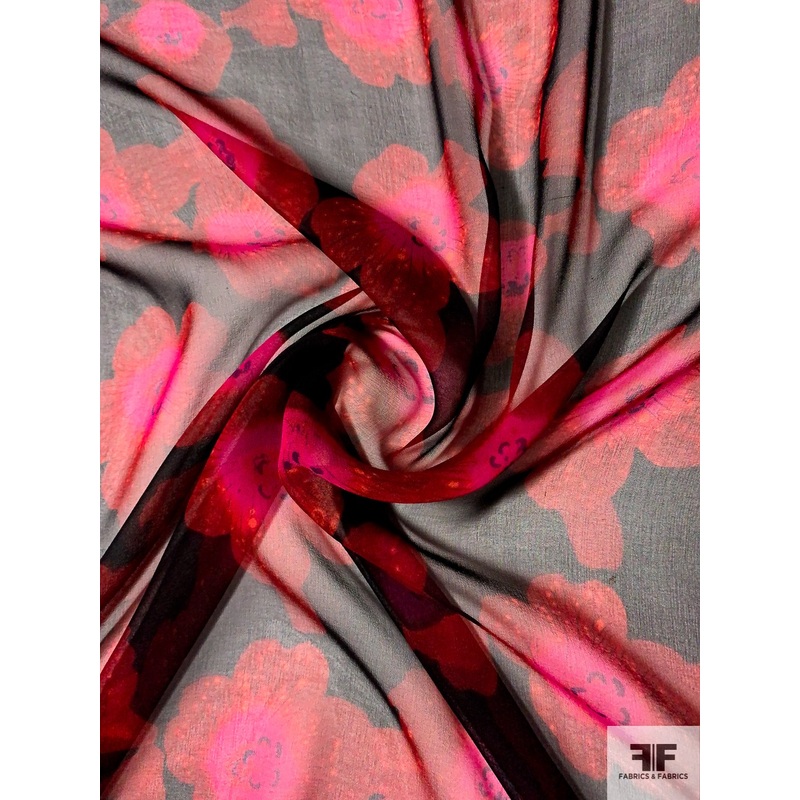 Lively Floral Printed Silk Chiffon – Dark Red / Magenta / Black Fabric by the Yard