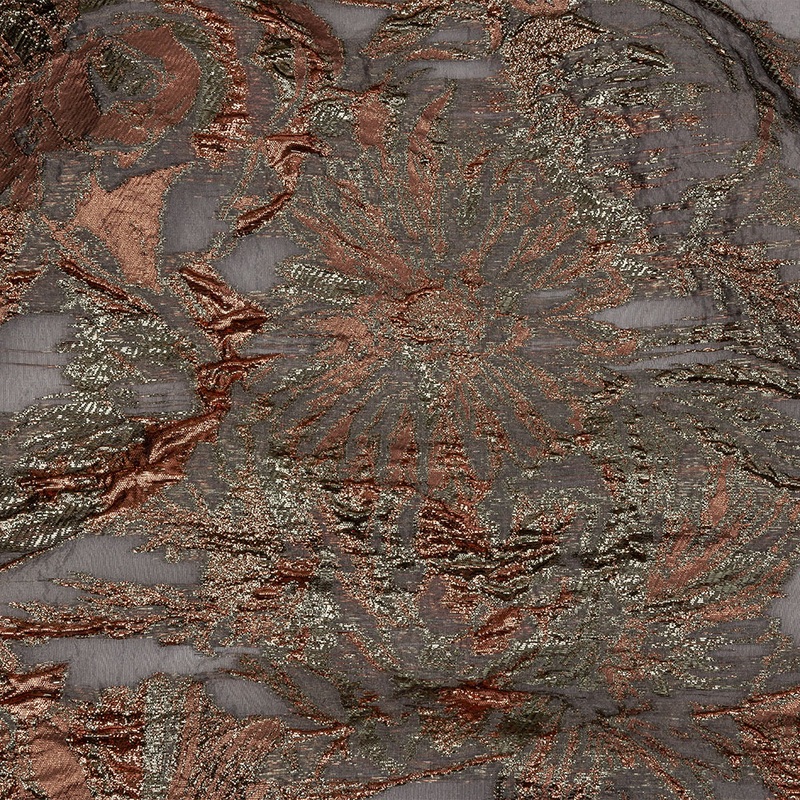 Metallic Coral, Gold and Gray Flashy Flowers Luxury Burnout Brocade