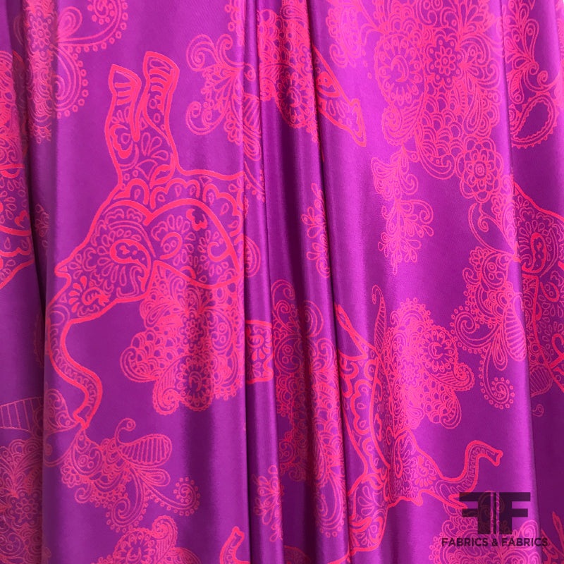 Paisley Boho Elephant Printed Crepe De Chine – Neon Purple / Orange Fabric by the Yard