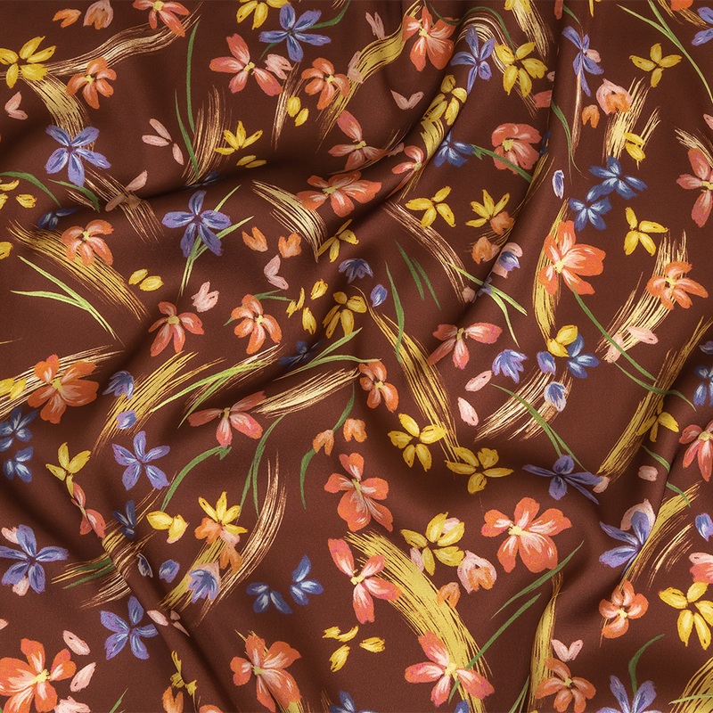 Polyester Charmeuse Print – Brown, Pink and Blue Floral – Mood Exclusive In the Wind