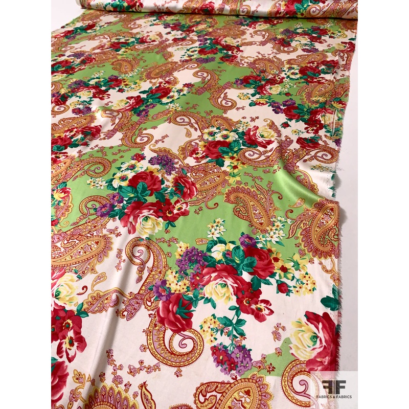 Romantic Paisley Floral Printed Stretch Silk Habotai – Berry Red / Lime / Green / Yellow Fabric by the Yard