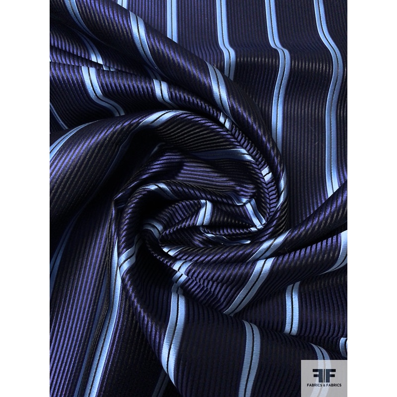 Vertical Striped Silk Necktie Jacquard Brocade – Navy / Sky Blue Fabric by the Yard