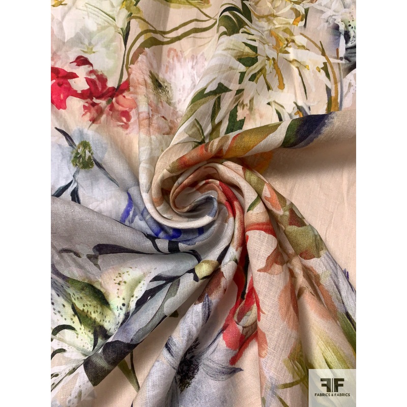 Watercolor Floral Printed Linen – Earthy Multicolor Fabric by the Yard