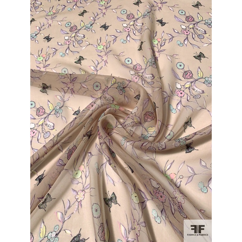Delicate Floral and Butterfly Printed Silk Chiffon – Nude / Pastels Fabric by the Yard