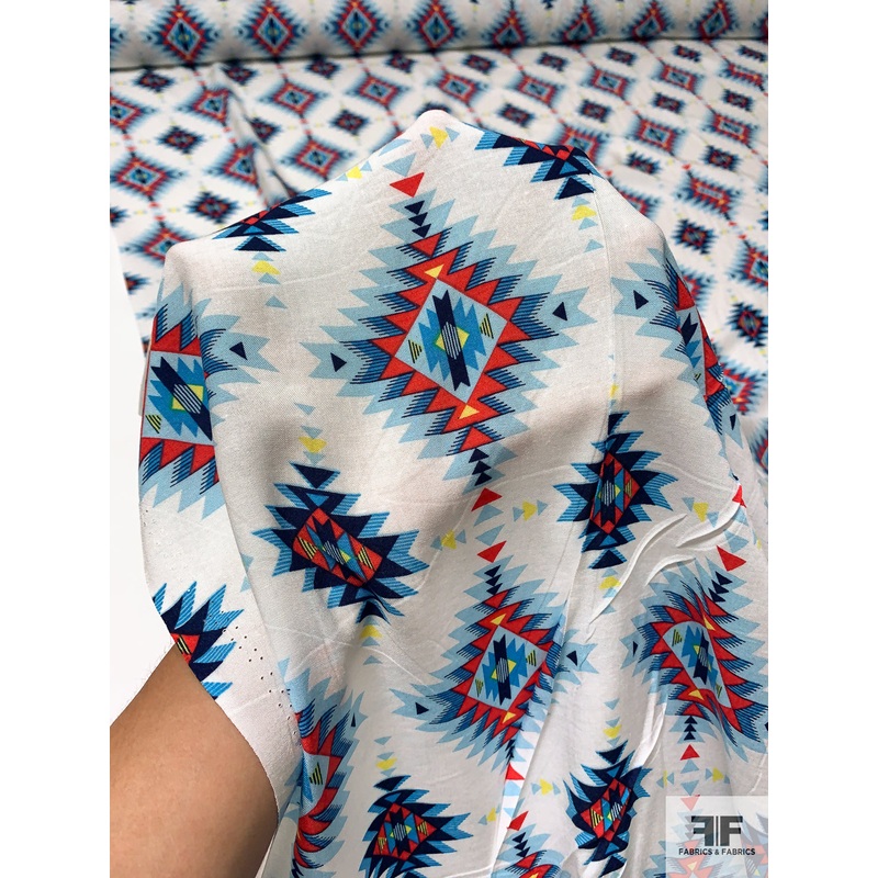 Ethno-Geometric Printed Rayon Challis – Blue / Light Blue / Red / Yellow / White Fabric by the Yard