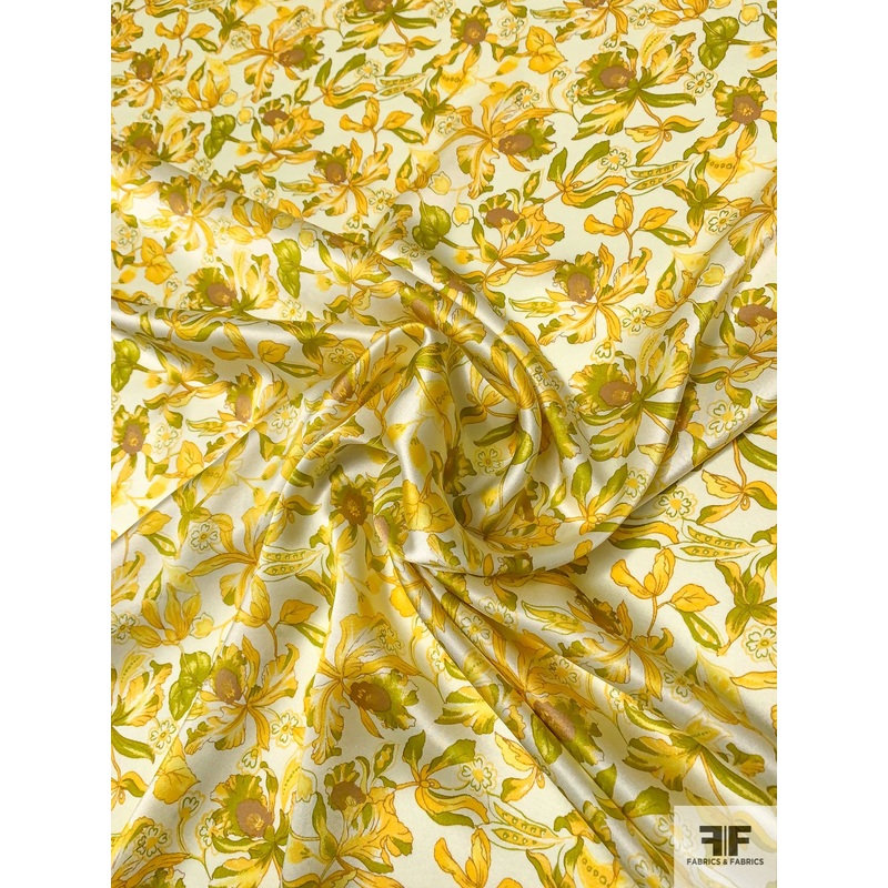 Exotic Floral Printed Silk Charmeuse – Yellow / Electric Olive / Pale Yellow Fabric by the Yard