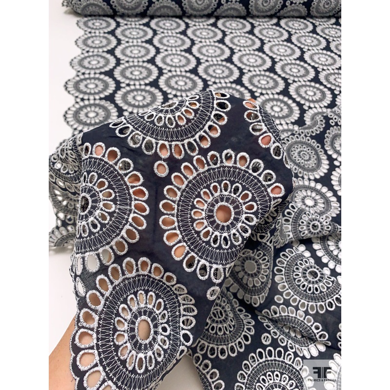 Floral Medallions Embroidered Eyelet Heavy Cotton Voile – Navy / White Fabric by the Yard