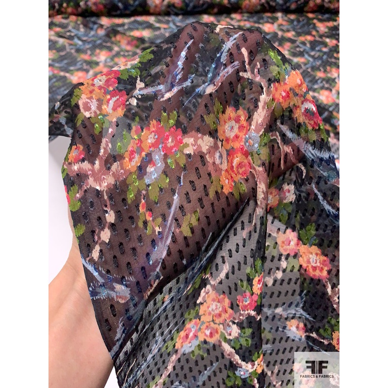 Floral Vine Printed Clip Silk Chiffon – Black / Blues / Green / Rouge PInk / Peach Fabric by the Yard