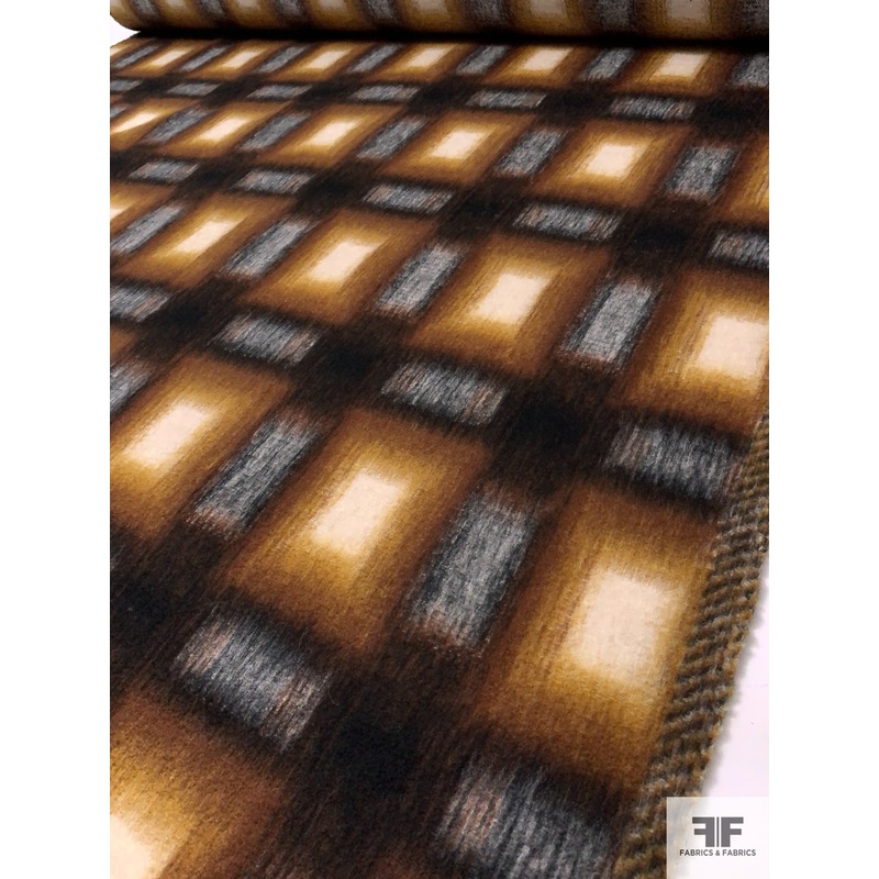 Italian Hazy Squares Printed Brushed Mohair Heavy Wool Blend Knit Coating – Caramel / Mustard / Black / Light Grey Fabric by the Yard