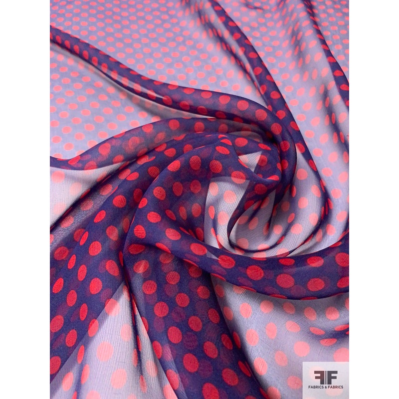 Italian Polka Dot Printed Fine Silk Chiffon – Navy / Red Fabric by the Yard