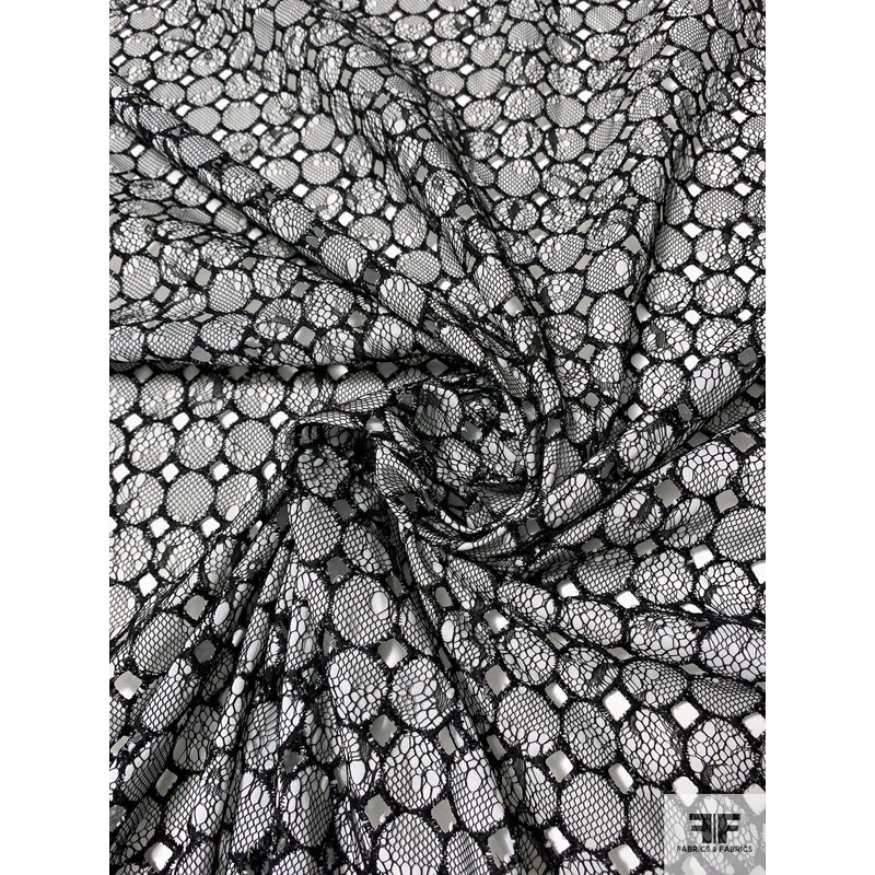 Lace Stitched on Circles Embroidered Cotton Eyelet – Black / Off-White Fabric by the Yard