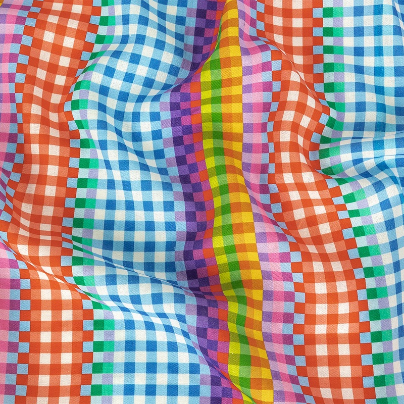 Linen and Rayon Woven – Rainbow Checkers – Picnic Patisserie Print – Mood Exclusive Sugar Collection