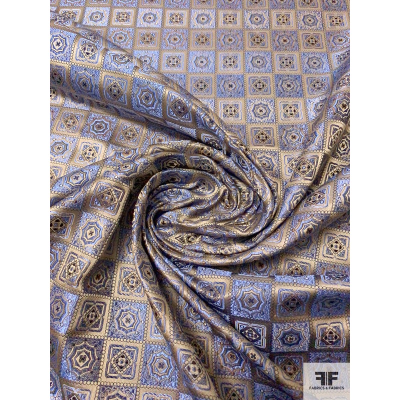 Mosaic Checkered Silk Necktie Jacquard Brocade – Antique Olive / Carolina Blue / Navy Fabric by the Yard