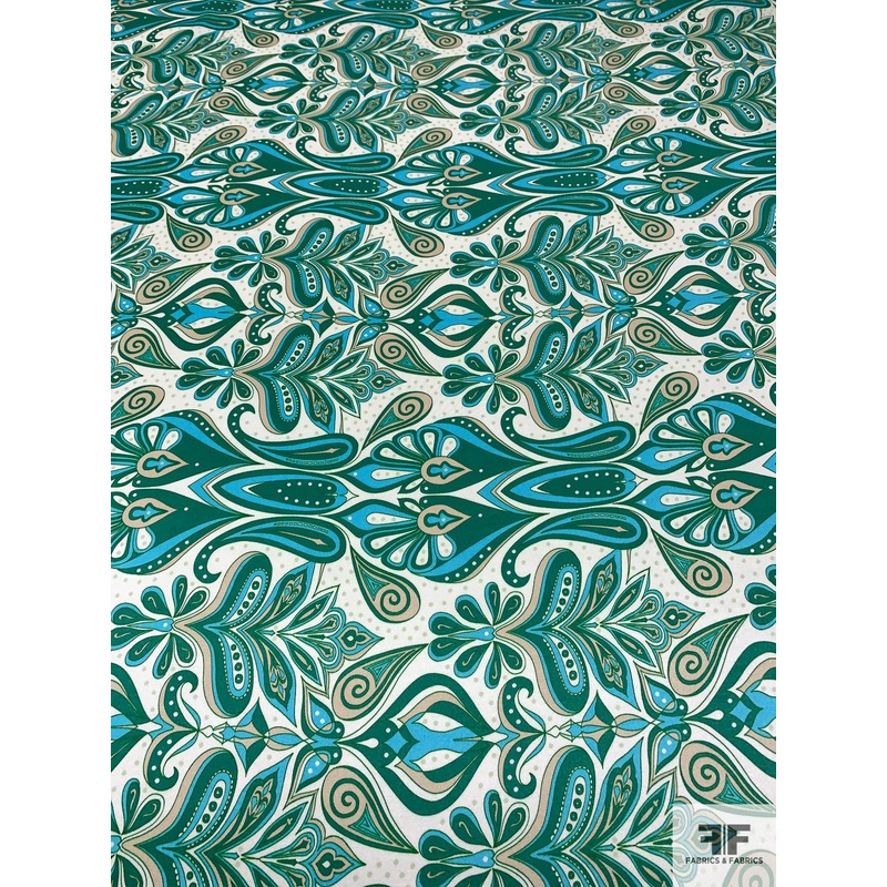 Paisley Style Printed Silk Charmeuse – Green / Turquoise / Beige / Off-White Fabric by the Yard