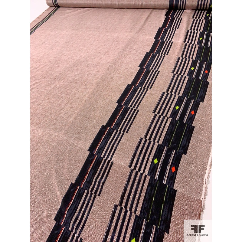 Pixelated Boho Border Pattern Printed Silk Crepe de Chine – Brown / Black / Lime Fabric by the Yard