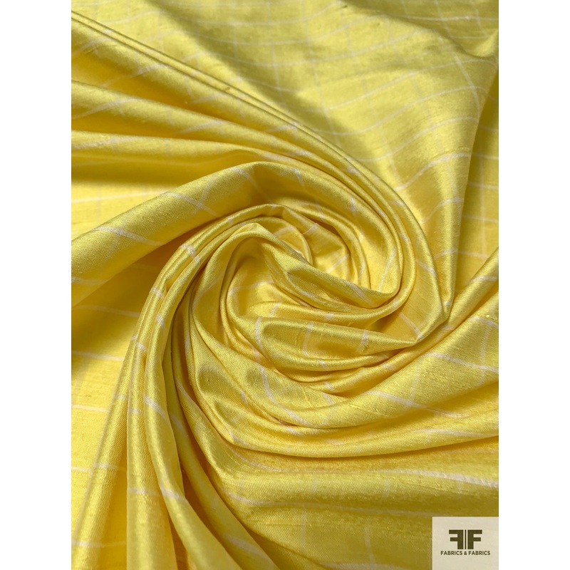 Windowpane Yarn-Dyed Silk Shantung – Bright Yellow / Off-White Fabric by the Yard