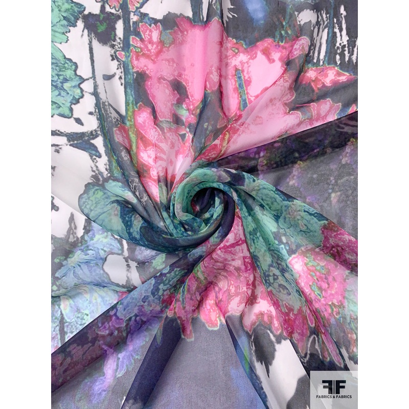 Abstract Floral Printed Silk Chiffon – Purple / Aqua Greens / Pinks Fabric by the Yard