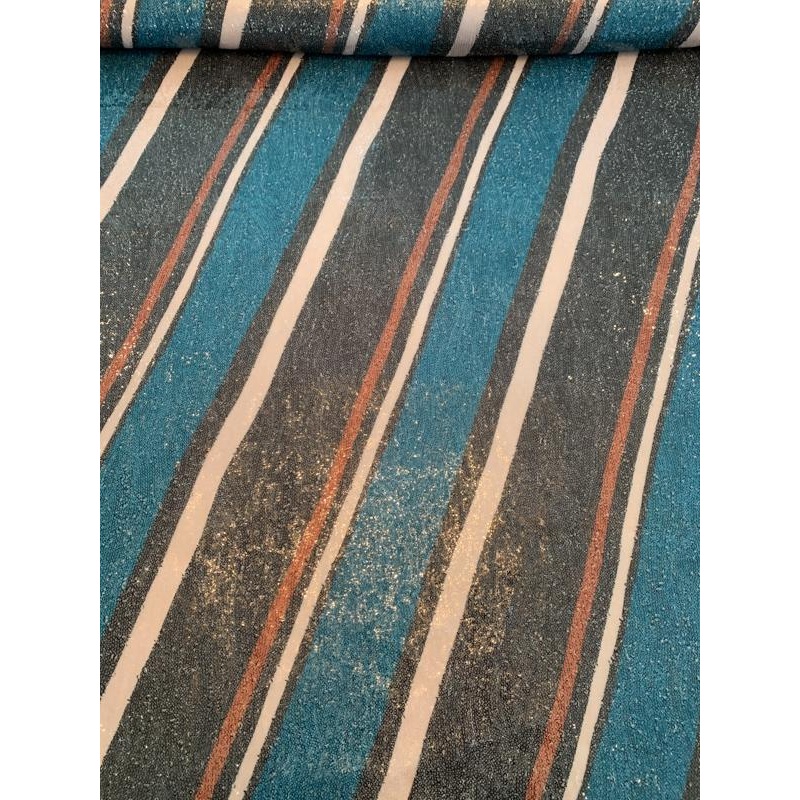 Christian Siriano Diagonal Striped Sequins – Teal / Navy / Beige / Burgundy Fabric by the Yard