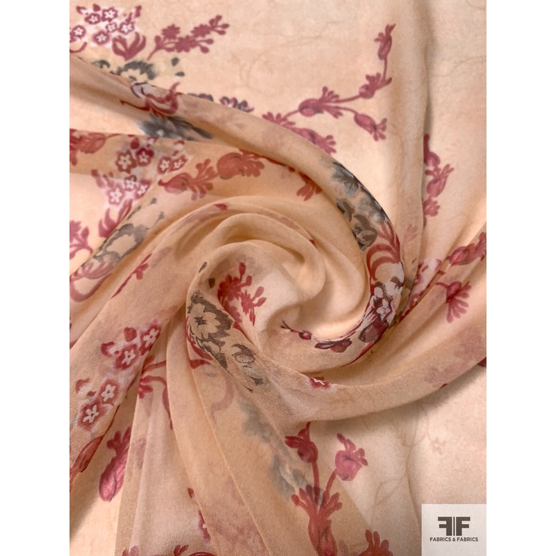 Exotic Floral Printed Silk Chiffon – Nude Pastel Orange / Smokey Rouge / Dusty Blue Fabric by the Yard