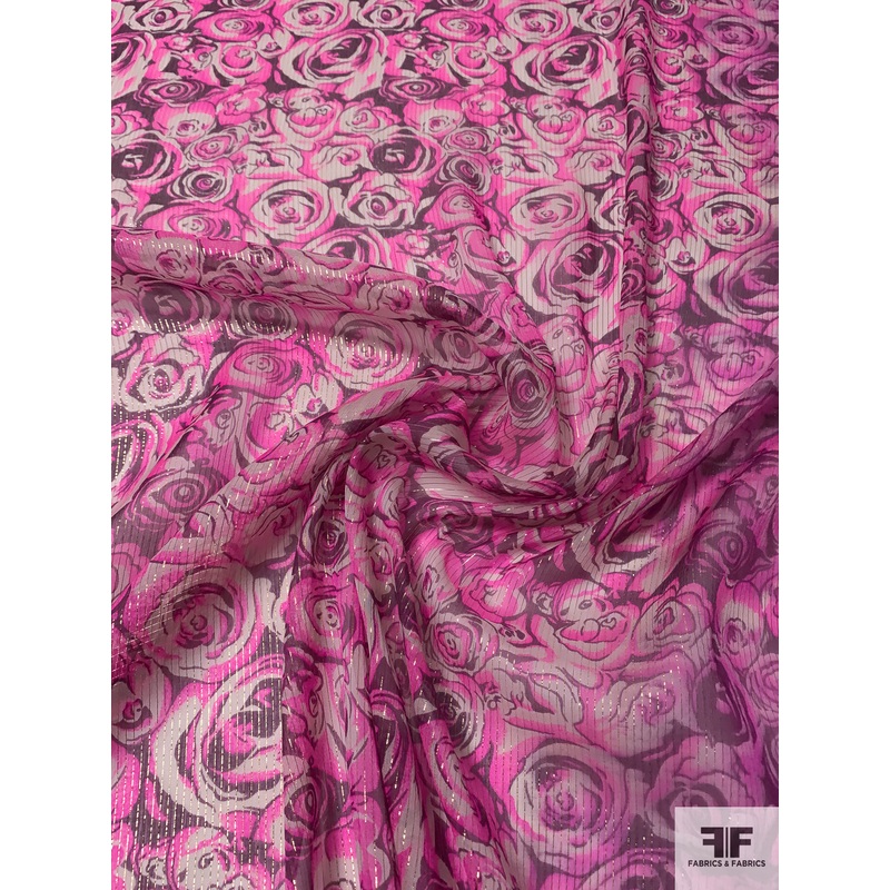 Floral Rosettes Printed Silk Chiffon with Gold Lurex Pinstripes – Hot Pink / Purple / Off-White Fabric by the Yard