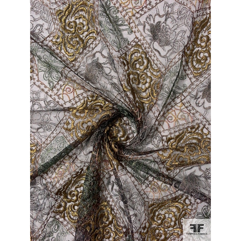 French Unique Embroidered Fine Tulle – Antique Gold / Copper / Taupe / Metallic Mint Fabric by the Yard