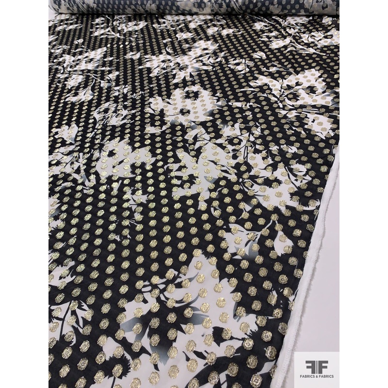 Italian Floral Silhouette Printed Georgette with Lurex Circles – Black / White / Gold Fabric by the Yard