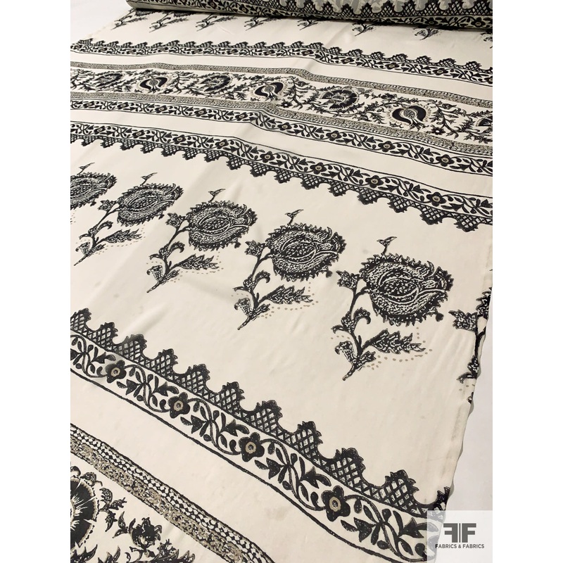 Italian Floral Vines Horizontally Printed Silk Chiffon – Black / Ivory / Tan Fabric by the Yard